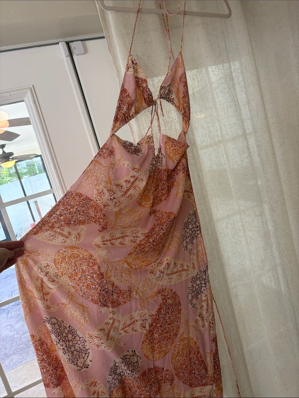 Pink Backless Halter Maxi Dress with Paisley Print